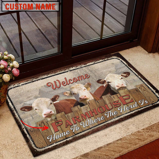 Farm House Door Mat, Hereford Custom Name Home To Where The Herd Is FarmHouse Doormat, Custom Welcome Mats