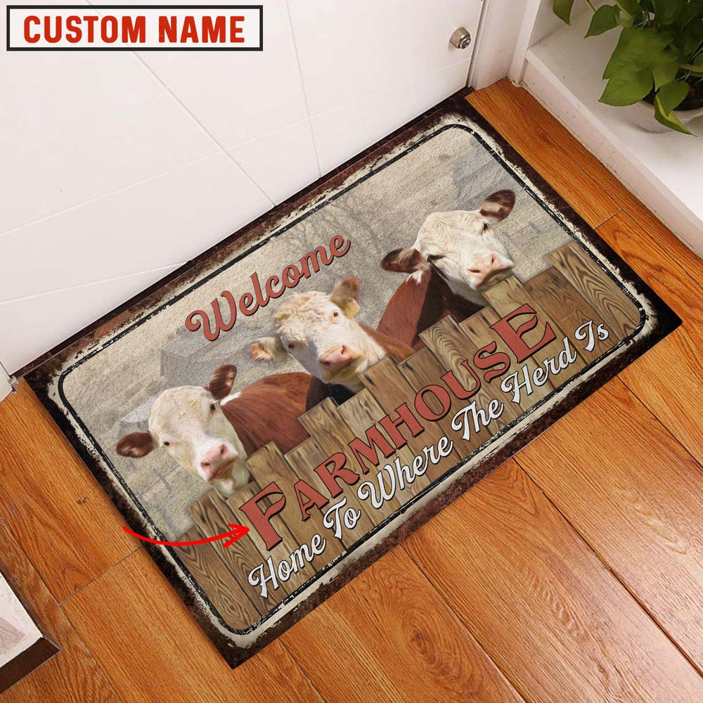 Farm House Door Mat, Hereford Custom Name Home To Where The Herd Is FarmHouse Doormat, Custom Welcome Mats