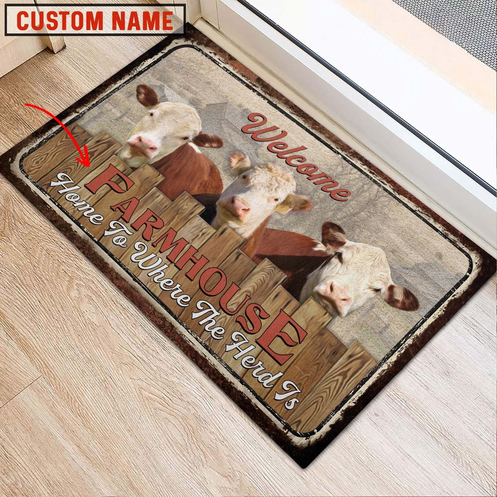Farm House Door Mat, Hereford Custom Name Home To Where The Herd Is FarmHouse Doormat, Custom Welcome Mats