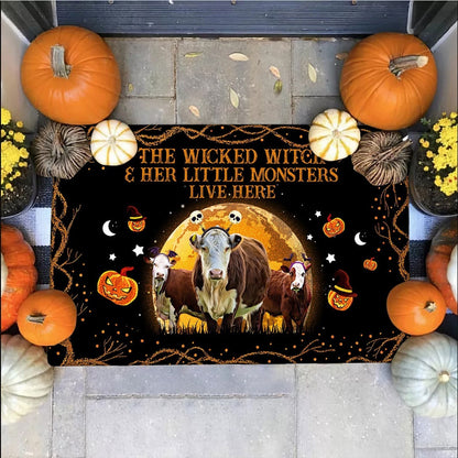 Farm House Door Mat, Hereford The Wicked Witch And Her Little Monsters Live Here Doormat, Custom Welcome Mats