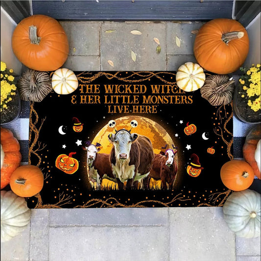 Farm House Door Mat, Hereford The Wicked Witch And Her Little Monsters Live Here Doormat, Custom Welcome Mats