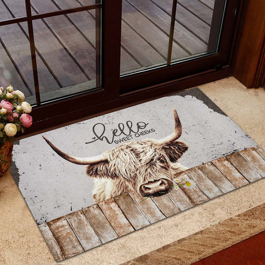 Farm House Door Mat, Highland Cattle Hello Sweet Checks Doormat, Custom Welcome Mats