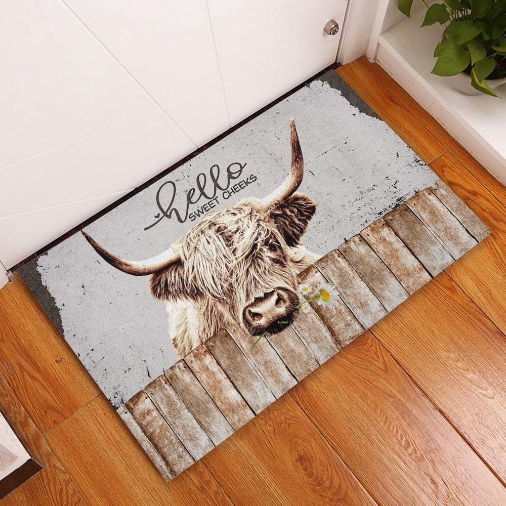 Farm House Door Mat, Highland Cattle Hello Sweet Checks Doormat, Custom Welcome Mats