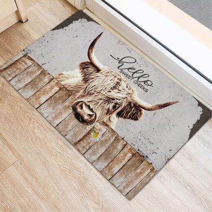 Farm House Door Mat, Highland Cattle Hello Sweet Checks Doormat, Custom Welcome Mats