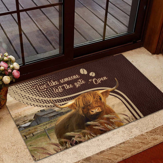Farm House Door Mat, Highland Cattle Live Like Someone Left The Gate Open Doormat, Custom Welcome Mats