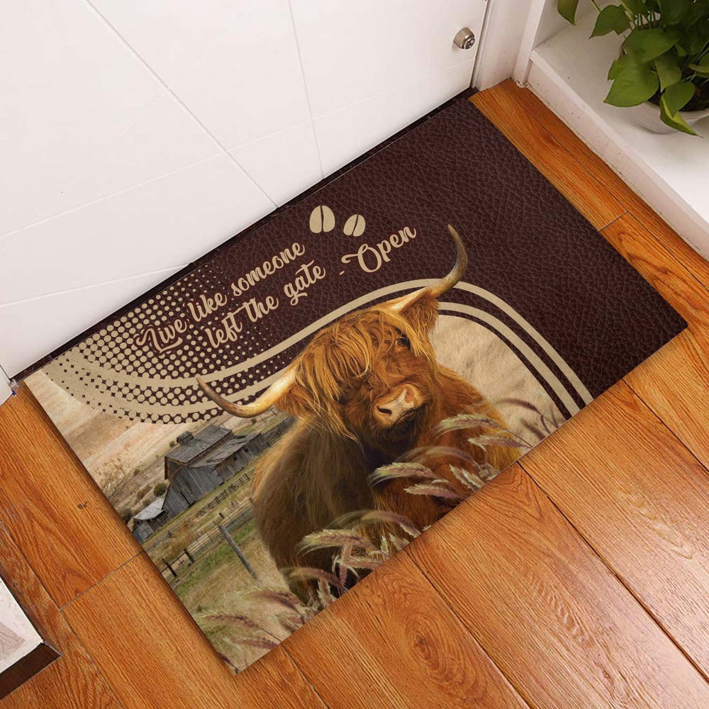 Farm House Door Mat, Highland Cattle Live Like Someone Left The Gate Open Doormat, Custom Welcome Mats