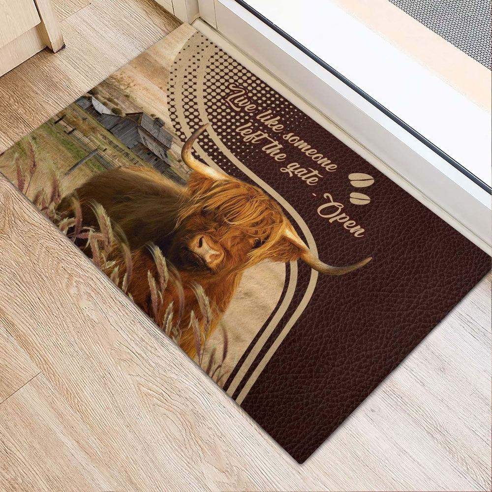 Farm House Door Mat, Highland Cattle Live Like Someone Left The Gate Open Doormat, Custom Welcome Mats