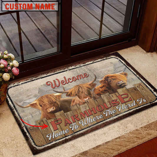 Farm House Door Mat, Highland Custom Name Home To Where The Herd Is FarmHouse Doormat, Custom Welcome Mats