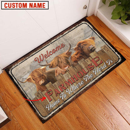 Farm House Door Mat, Highland Custom Name Home To Where The Herd Is FarmHouse Doormat, Custom Welcome Mats