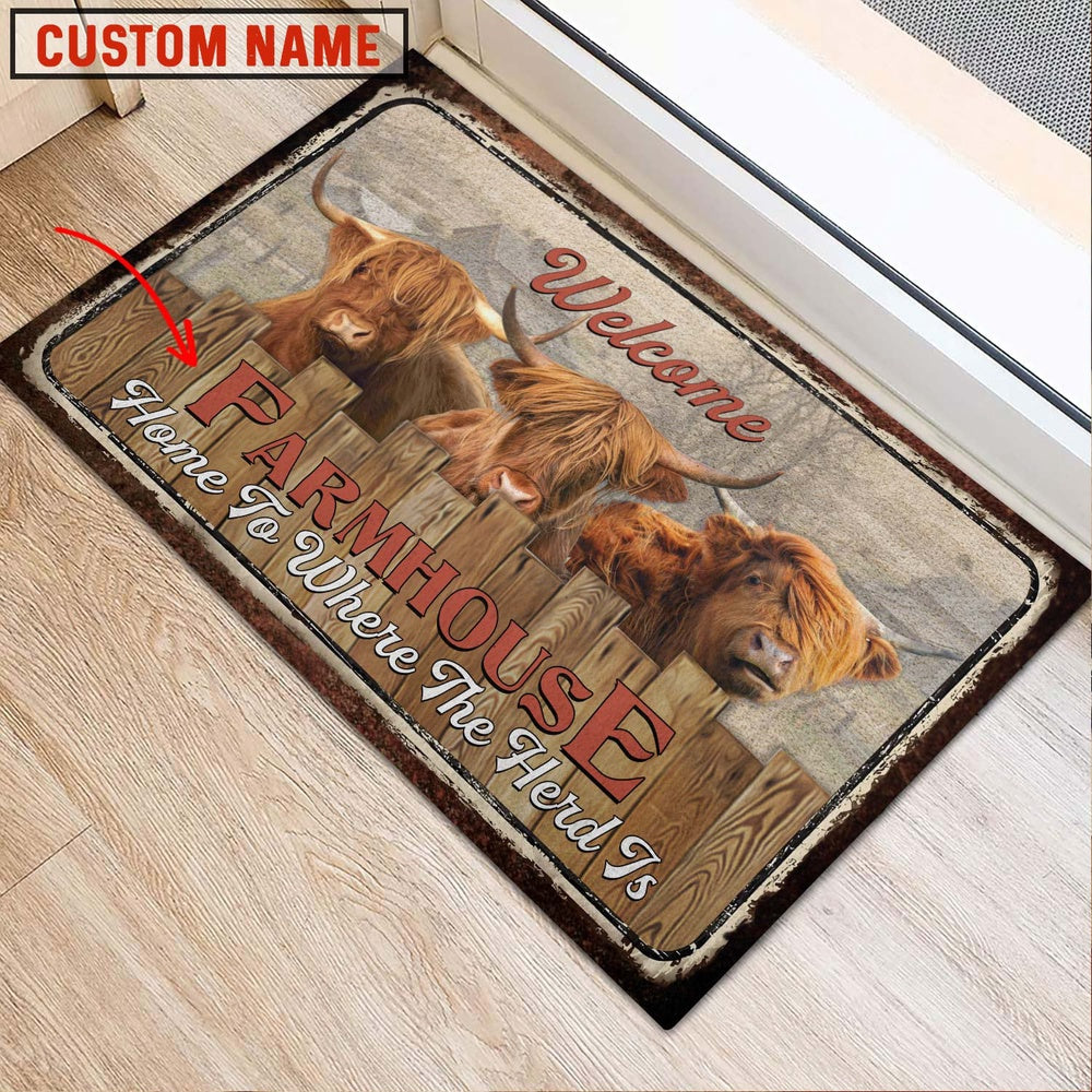Farm House Door Mat, Highland Custom Name Home To Where The Herd Is FarmHouse Doormat, Custom Welcome Mats