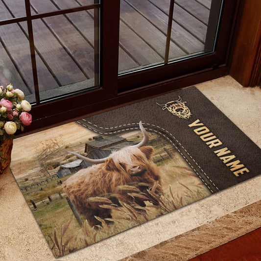 Farm House Door Mat, Highland Custom Name Leather Pattern Doormat, Custom Welcome Mats