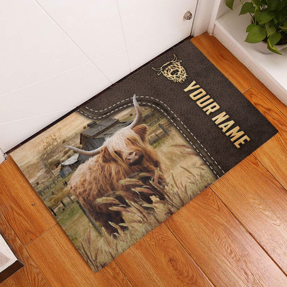 Farm House Door Mat, Highland Custom Name Leather Pattern Doormat, Custom Welcome Mats