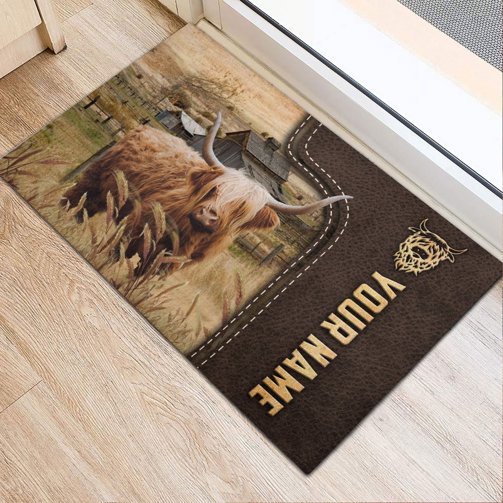 Farm House Door Mat, Highland Custom Name Leather Pattern Doormat, Custom Welcome Mats