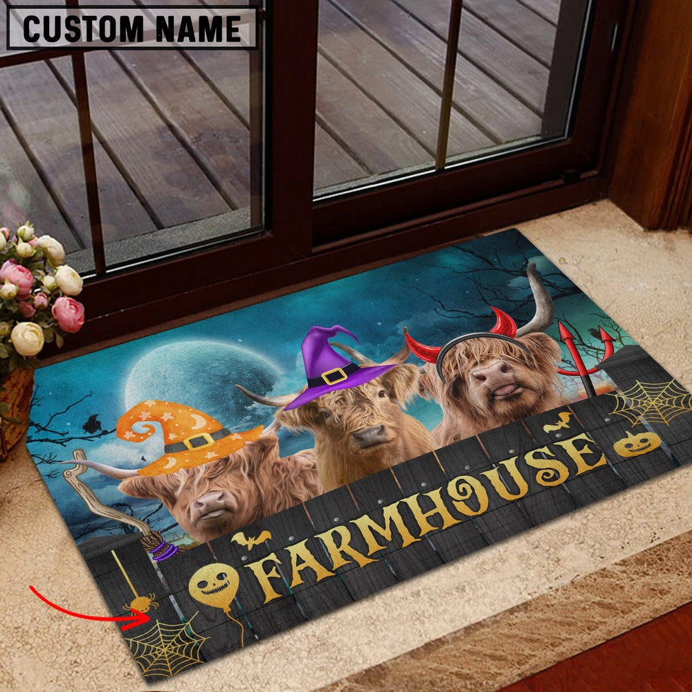 Farm House Door Mat, Highland Farmhouse Halloween Custom Name Doormat, Custom Welcome Mats