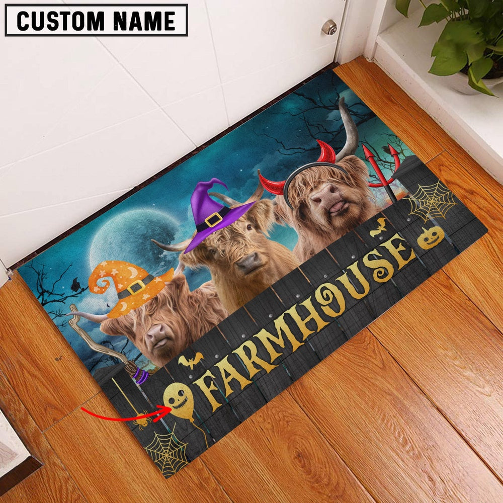 Farm House Door Mat, Highland Farmhouse Halloween Custom Name Doormat, Custom Welcome Mats