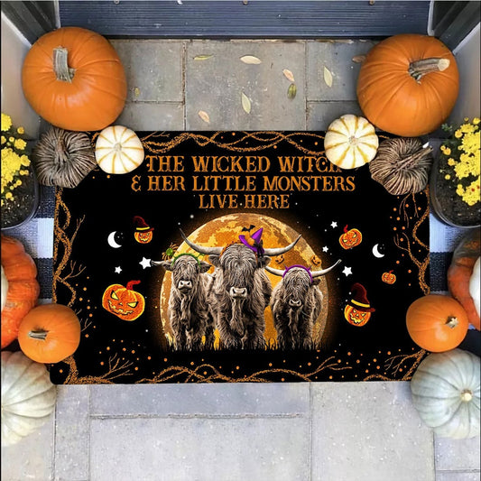 Farm House Door Mat, Highland The Wicked Witch And Her Little Monsters Live Here Doormat, Custom Welcome Mats