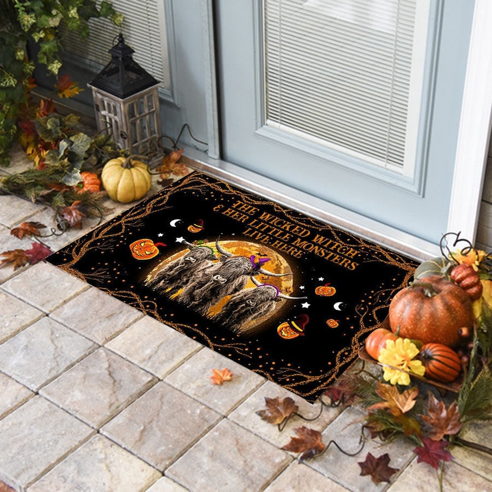 Farm House Door Mat, Highland The Wicked Witch And Her Little Monsters Live Here Doormat, Custom Welcome Mats