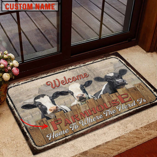 Farm House Door Mat, Holstein Custom Name Home To Where The Herd Is FarmHouse Doormat, Custom Welcome Mats