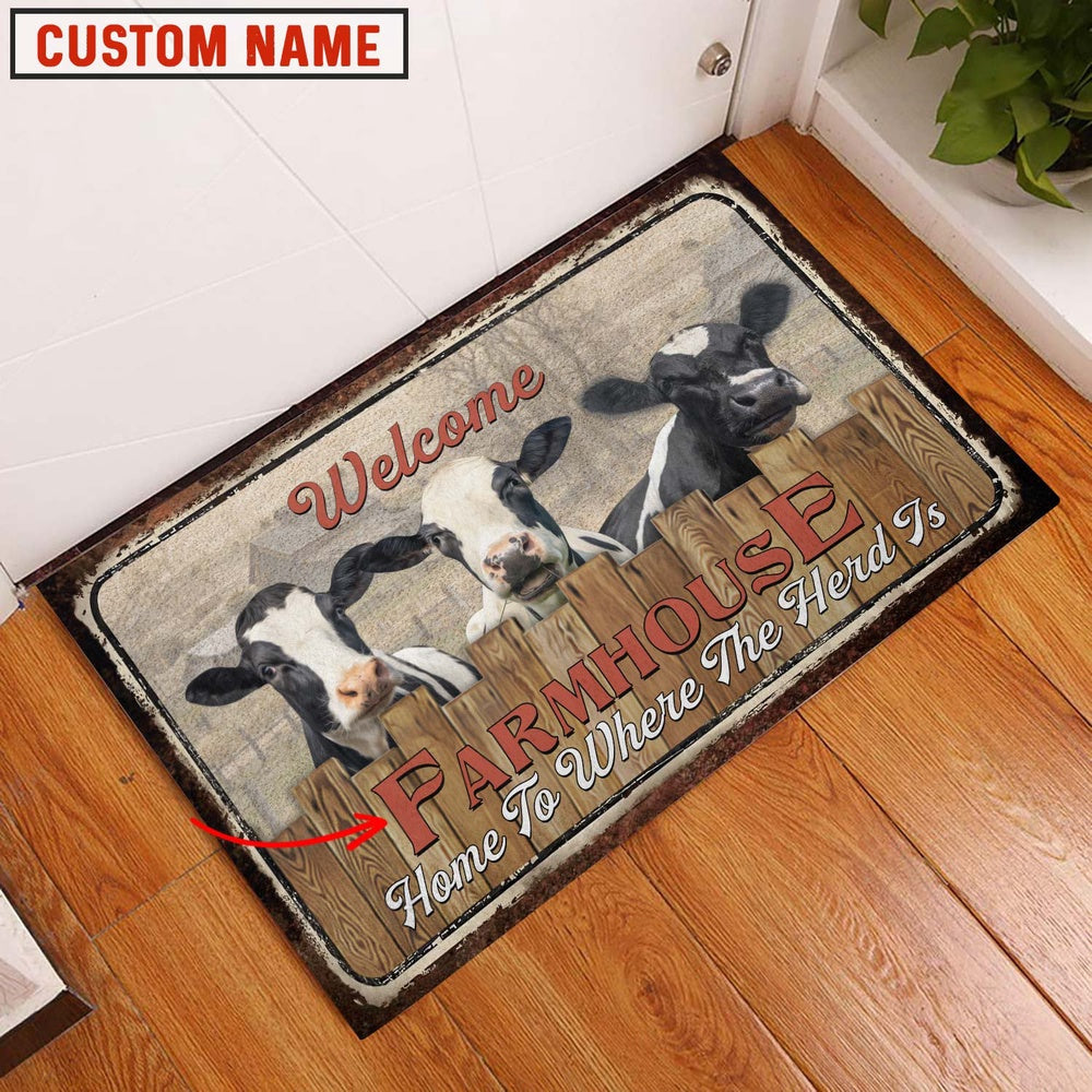 Farm House Door Mat, Holstein Custom Name Home To Where The Herd Is FarmHouse Doormat, Custom Welcome Mats