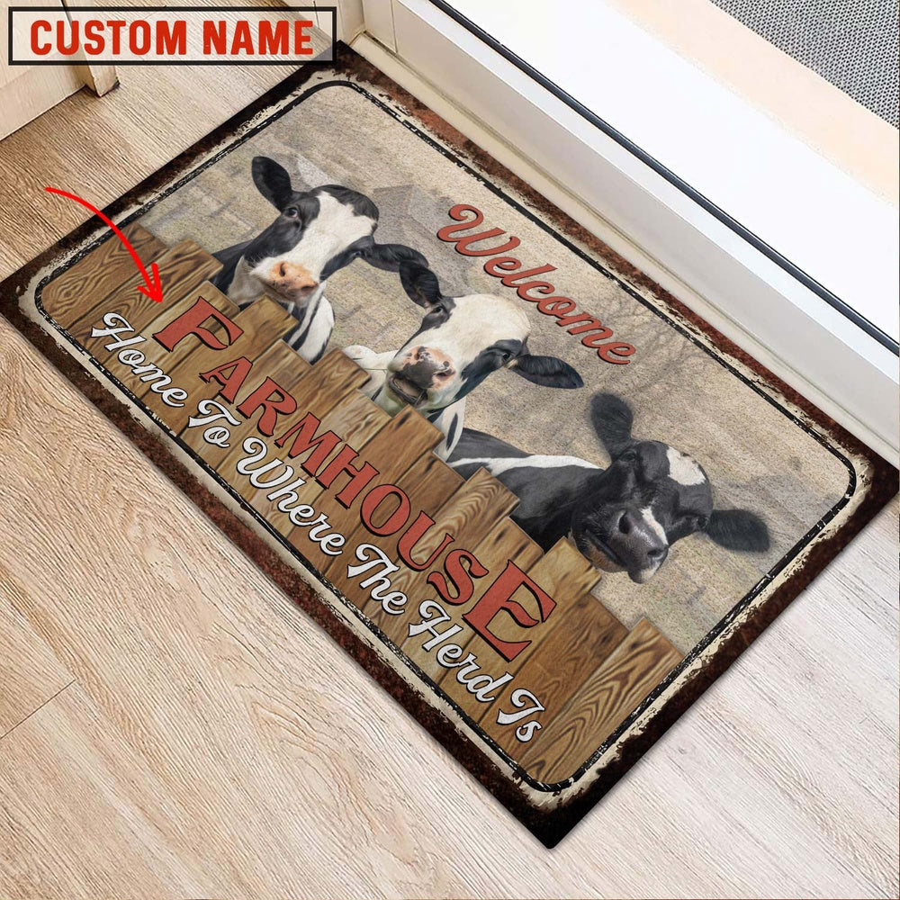 Farm House Door Mat, Holstein Custom Name Home To Where The Herd Is FarmHouse Doormat, Custom Welcome Mats