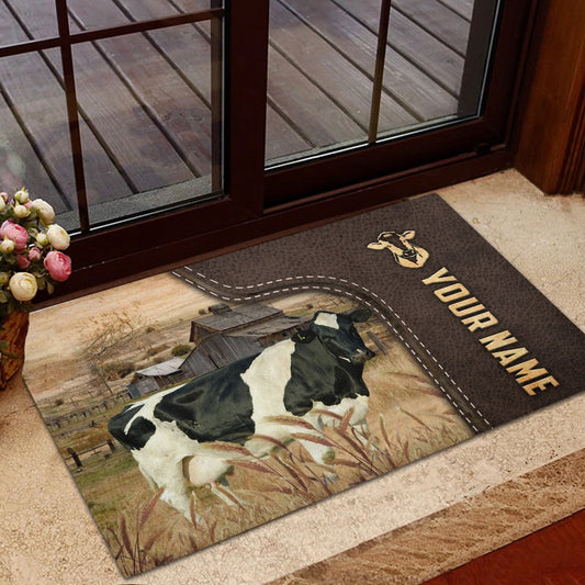 Farm House Door Mat, Holstein Custom Name Leather Pattern Doormat, Custom Welcome Mats