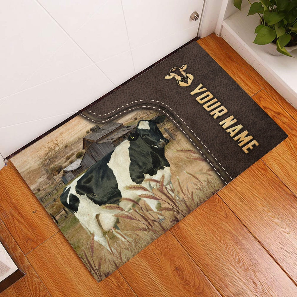 Farm House Door Mat, Holstein Custom Name Leather Pattern Doormat, Custom Welcome Mats