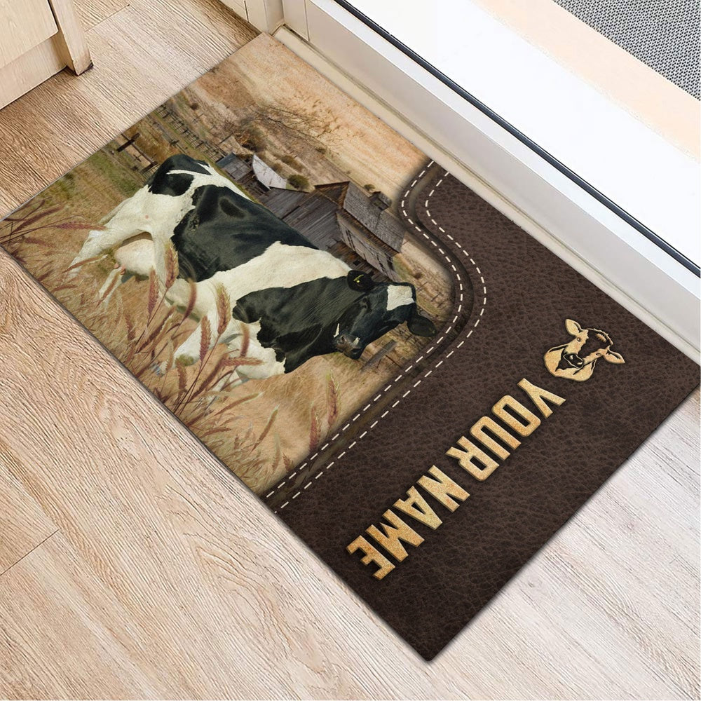 Farm House Door Mat, Holstein Custom Name Leather Pattern Doormat, Custom Welcome Mats