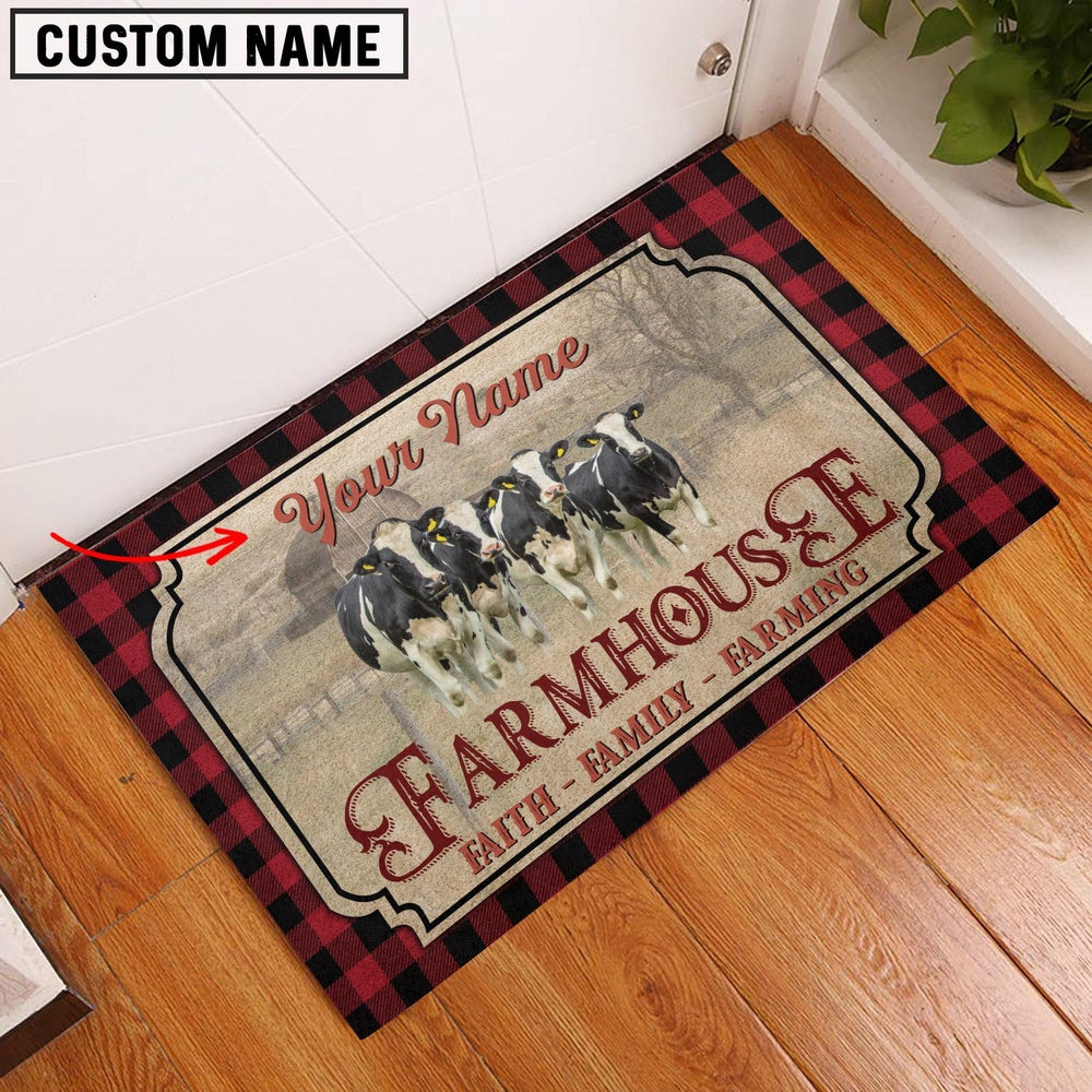 Farm House Door Mat, Holstein Faith Family Farming Custom Name Doormat, Custom Welcome Mats
