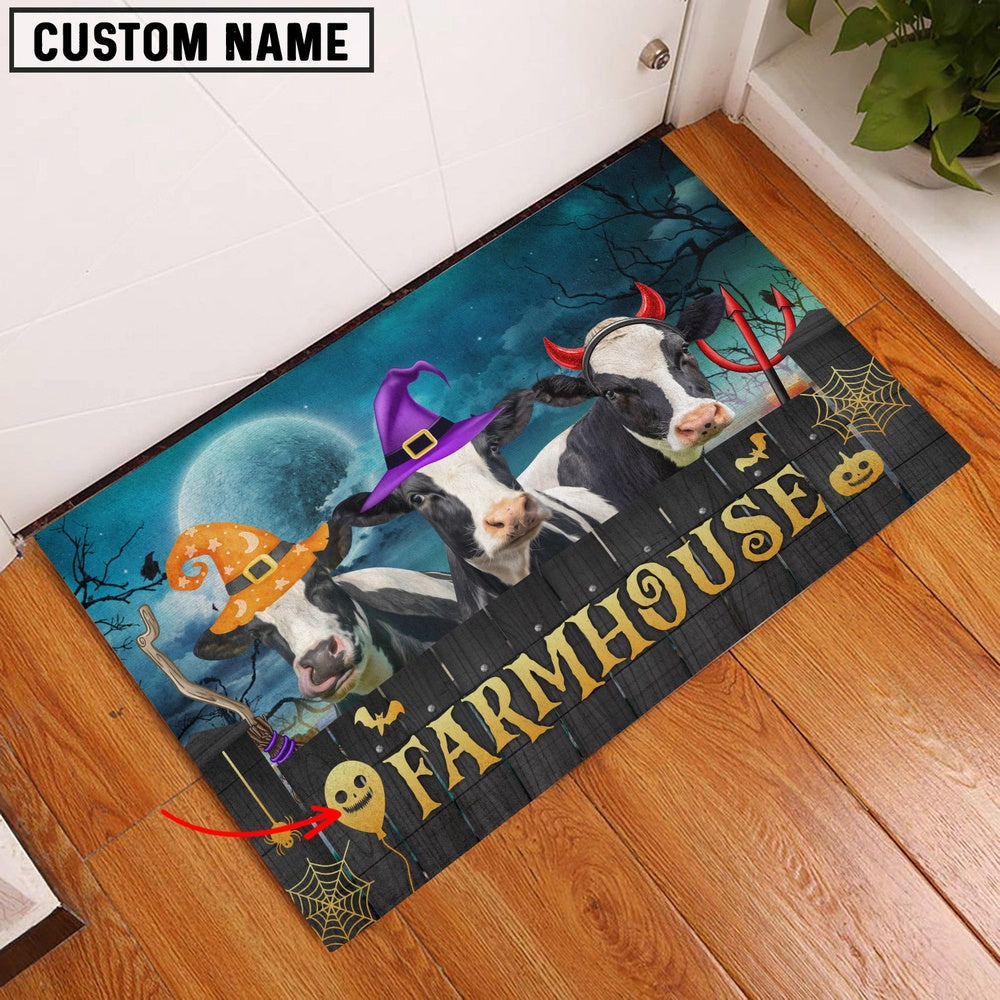 Farm House Door Mat, Holstein Farmhouse Halloween Custom Name Doormat, Custom Welcome Mats