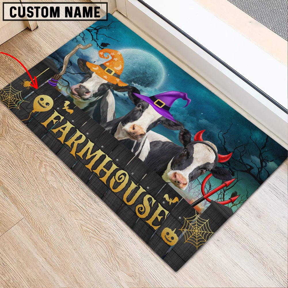 Farm House Door Mat, Holstein Farmhouse Halloween Custom Name Doormat, Custom Welcome Mats