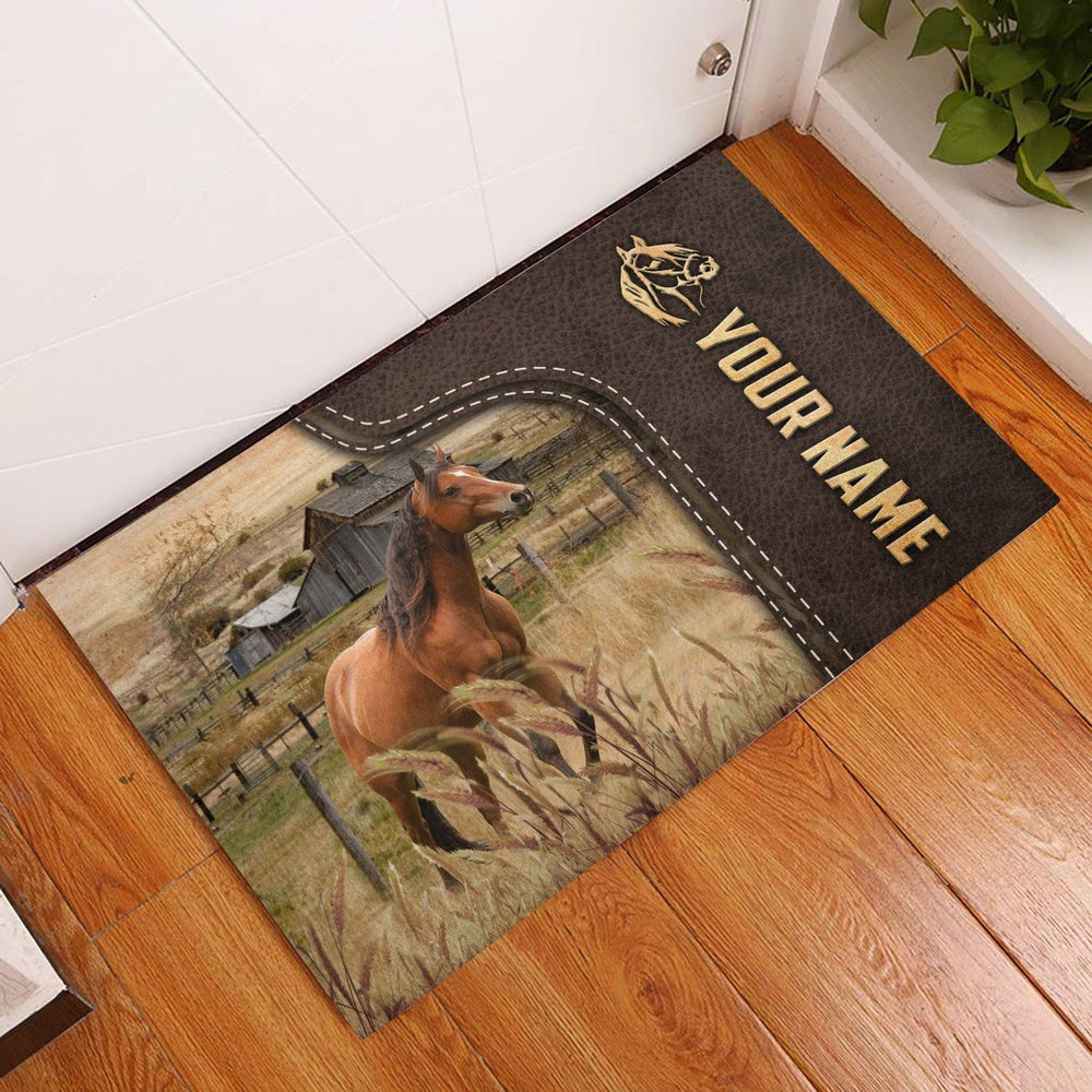 Farm House Door Mat, Horse Custom Name Leather Pattern Doormat, Custom Welcome Mats