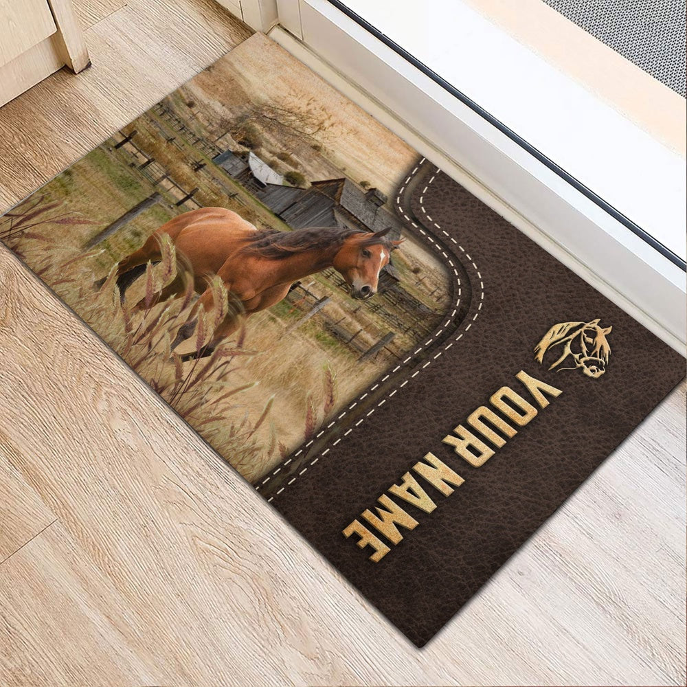 Farm House Door Mat, Horse Custom Name Leather Pattern Doormat, Custom Welcome Mats