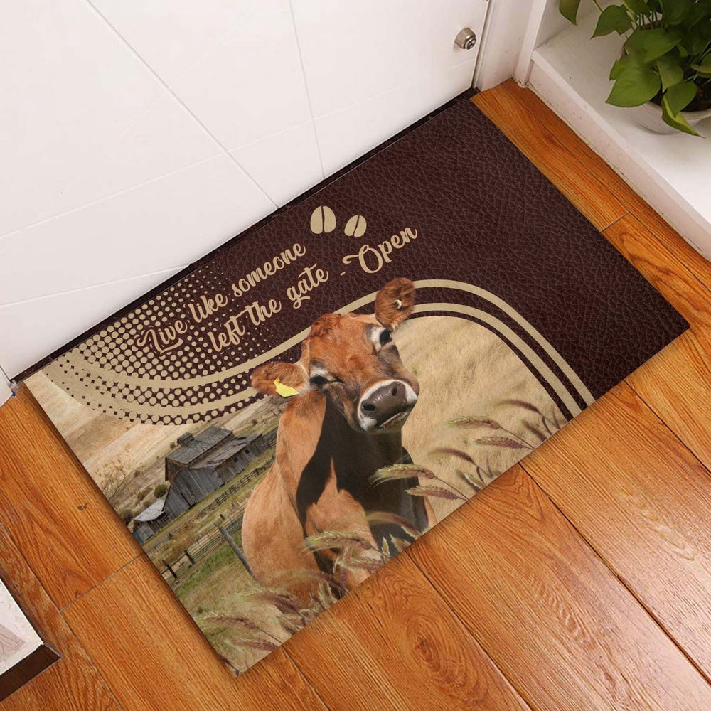 Farm House Door Mat, Jersey No Horns Live Like Someone Left The Gate Open Doormat, Custom Welcome Mats