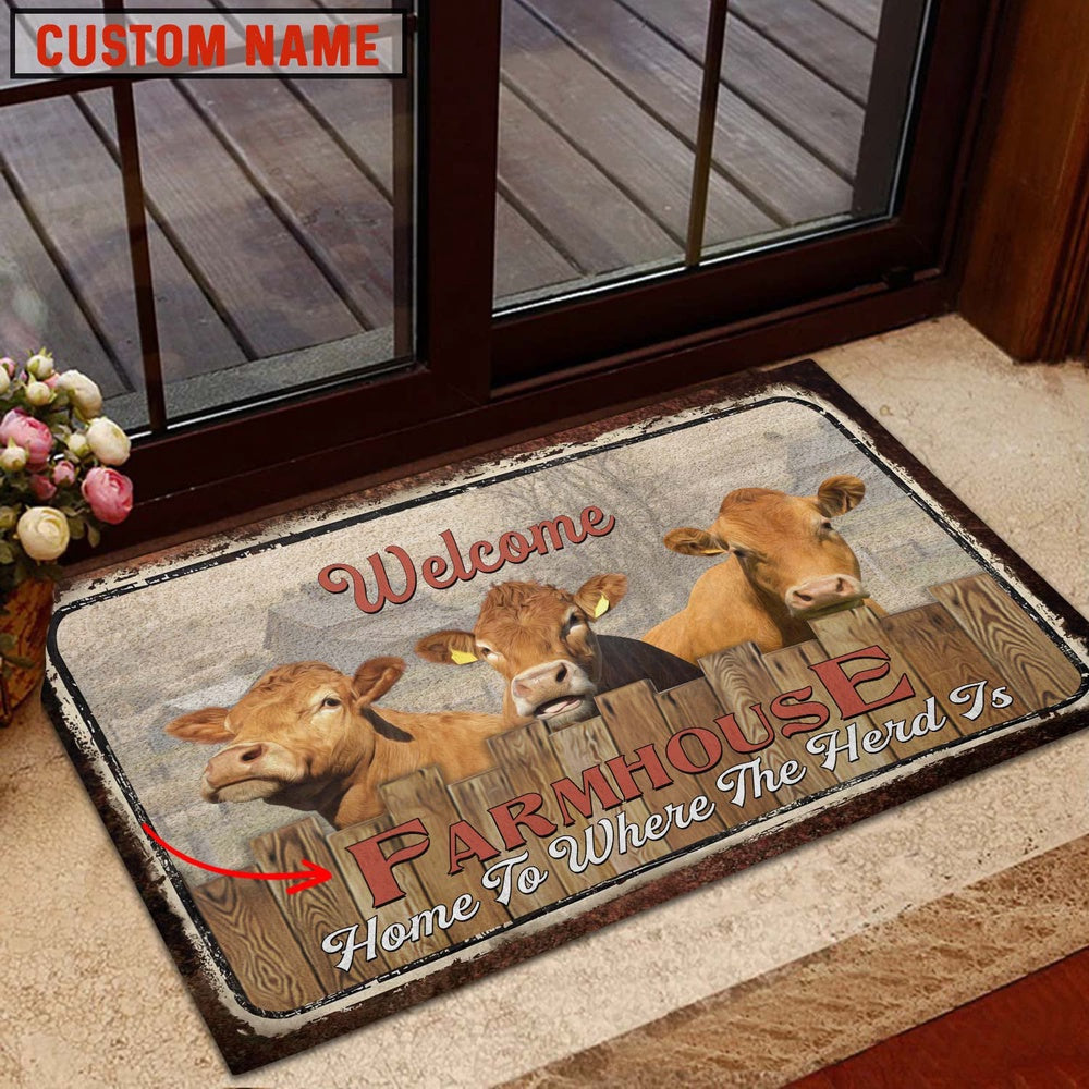 Farm House Door Mat, Limousin Custom Name Home To Where The Herd Is FarmHouse Doormat, Custom Welcome Mats