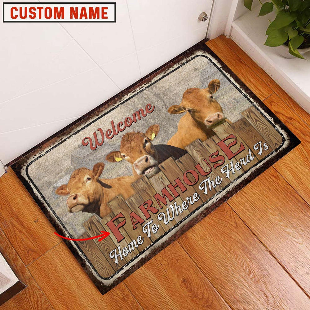 Farm House Door Mat, Limousin Custom Name Home To Where The Herd Is FarmHouse Doormat, Custom Welcome Mats