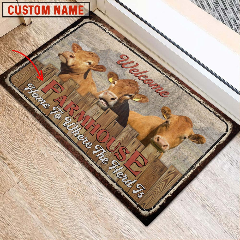 Farm House Door Mat, Limousin Custom Name Home To Where The Herd Is FarmHouse Doormat, Custom Welcome Mats