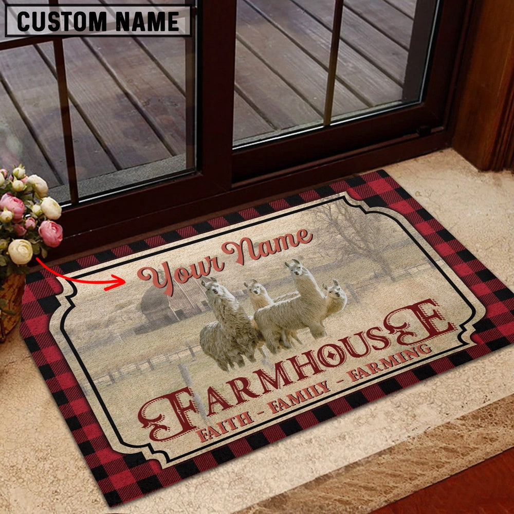 Farm House Door Mat, Llama Faith Family Farming Custom Name Doormat, Custom Welcome Mats