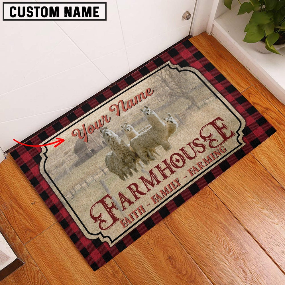Farm House Door Mat, Llama Faith Family Farming Custom Name Doormat, Custom Welcome Mats