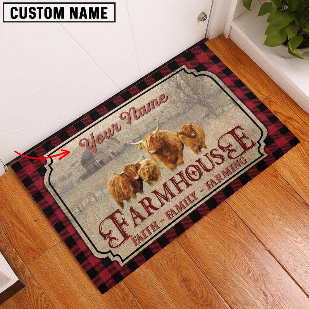 Farm House Door Mat, Miniature Highland Faith Family Farming Custom Name Doormat, Custom Welcome Mats