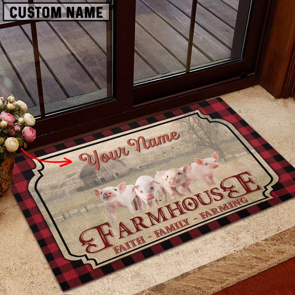 Farm House Door Mat, Pig Faith Family Farming Custom Name Doormat, Custom Welcome Mats