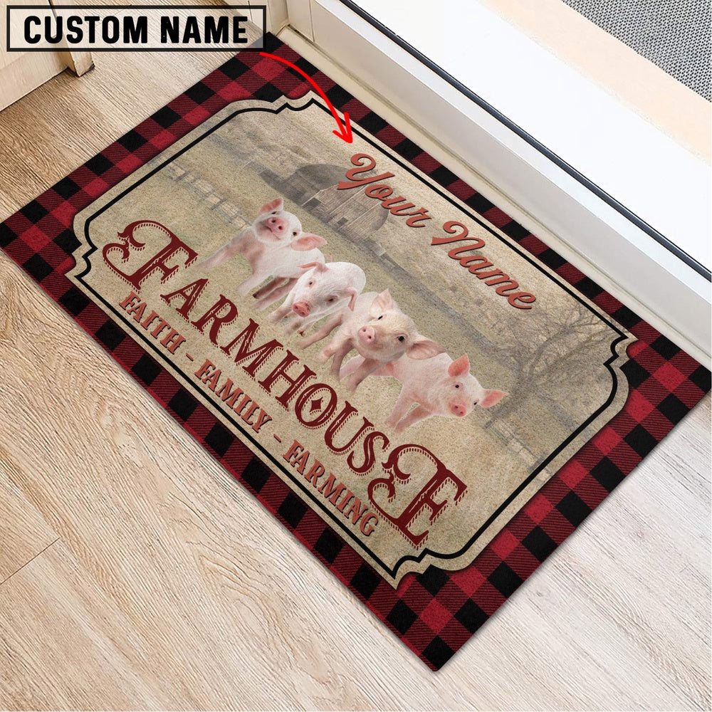 Farm House Door Mat, Pig Faith Family Farming Custom Name Doormat, Custom Welcome Mats