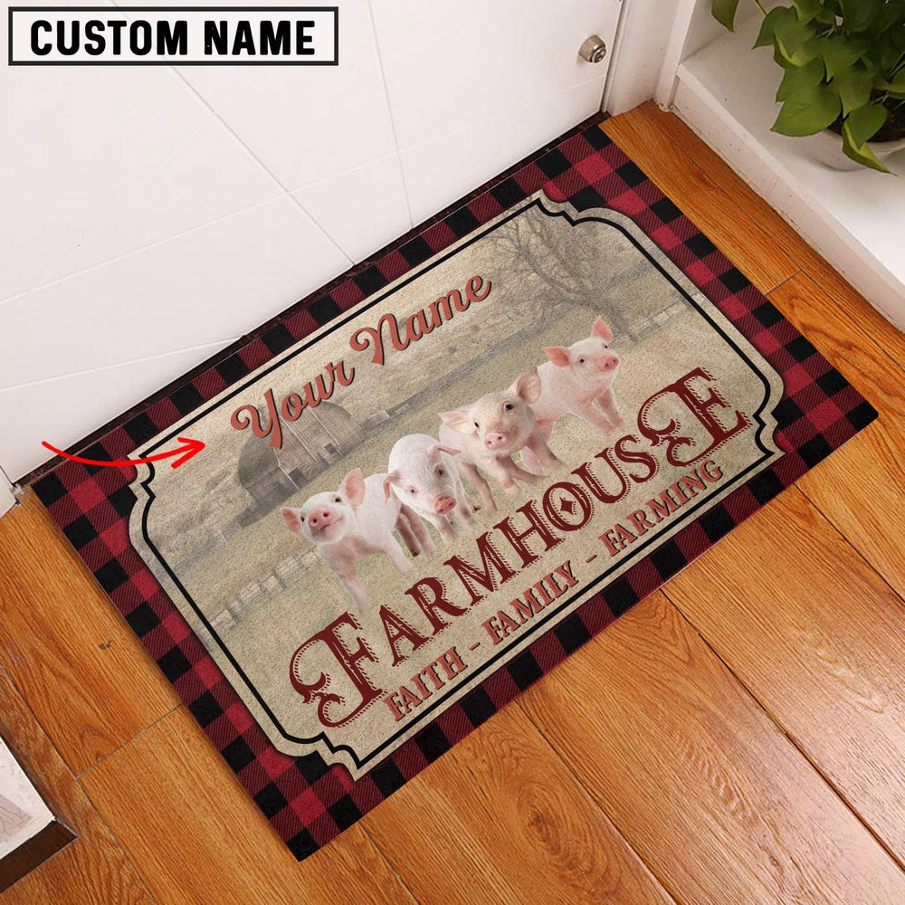 Farm House Door Mat, Pig Faith Family Farming Custom Name Doormat, Custom Welcome Mats