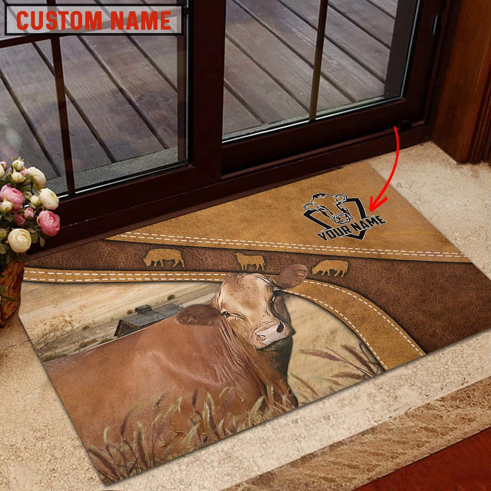 Farm House Door Mat, Red Akaushi Personalized Welcome Brown Doormat, Custom Welcome Mats