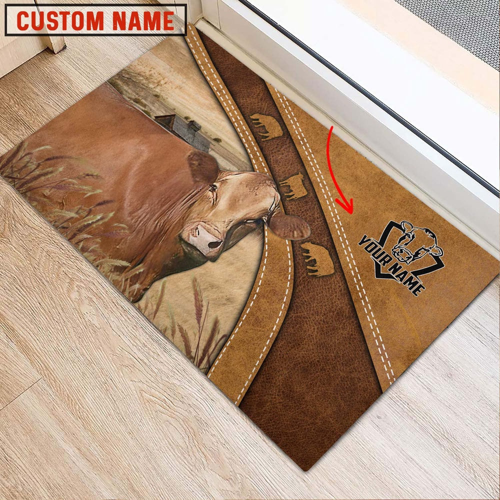 Farm House Door Mat, Red Akaushi Personalized Welcome Brown Doormat, Custom Welcome Mats