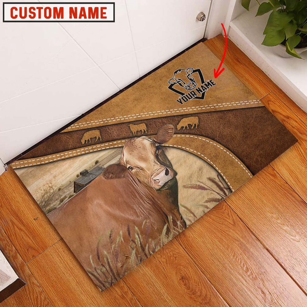 Farm House Door Mat, Red Akaushi Personalized Welcome Brown Doormat, Custom Welcome Mats