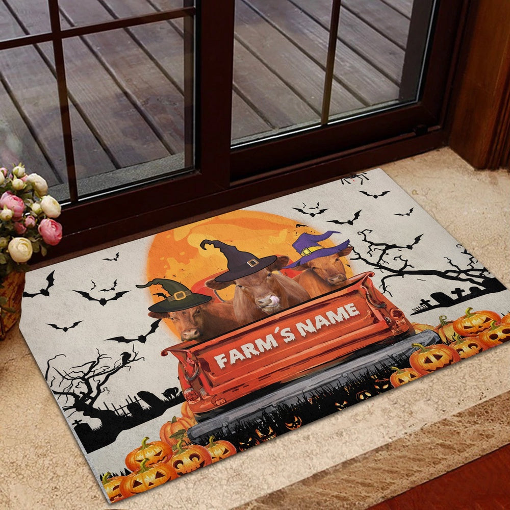 Farm House Door Mat, Red Angus Custom Farm Name Halloween Doormat, Custom Welcome Mats