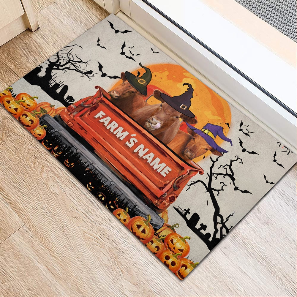 Farm House Door Mat, Red Angus Custom Farm Name Halloween Doormat, Custom Welcome Mats