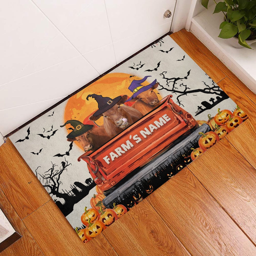 Farm House Door Mat, Red Angus Custom Farm Name Halloween Doormat, Custom Welcome Mats