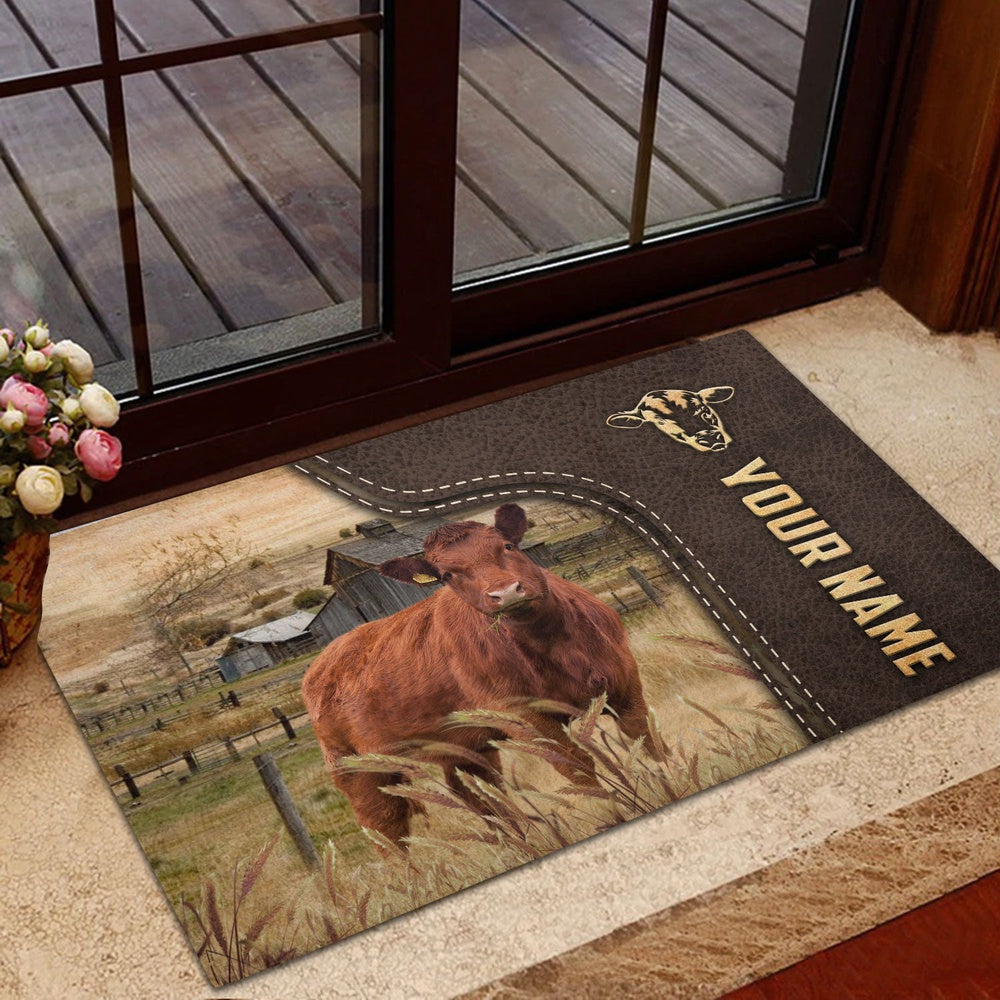 Farm House Door Mat, Red Angus Custom Name Leather Pattern Doormat, Custom Welcome Mats