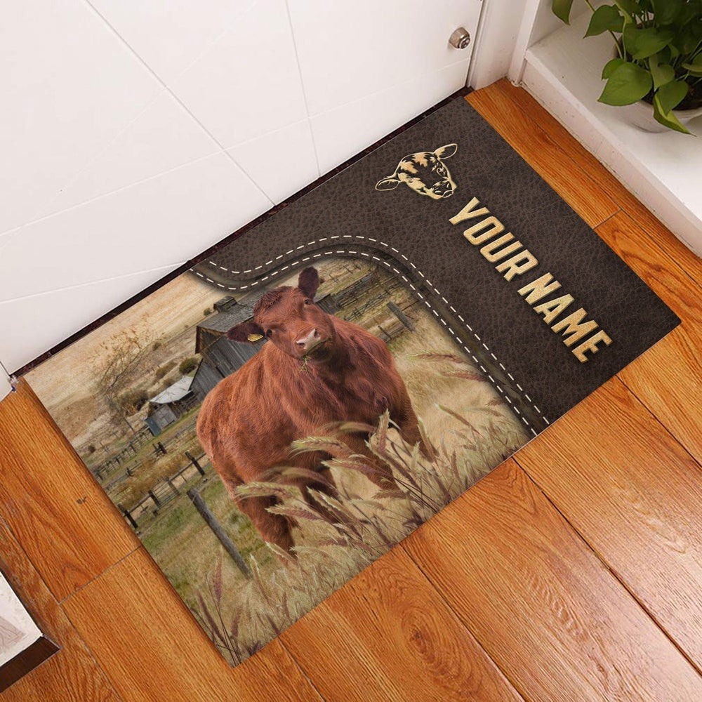 Farm House Door Mat, Red Angus Custom Name Leather Pattern Doormat, Custom Welcome Mats
